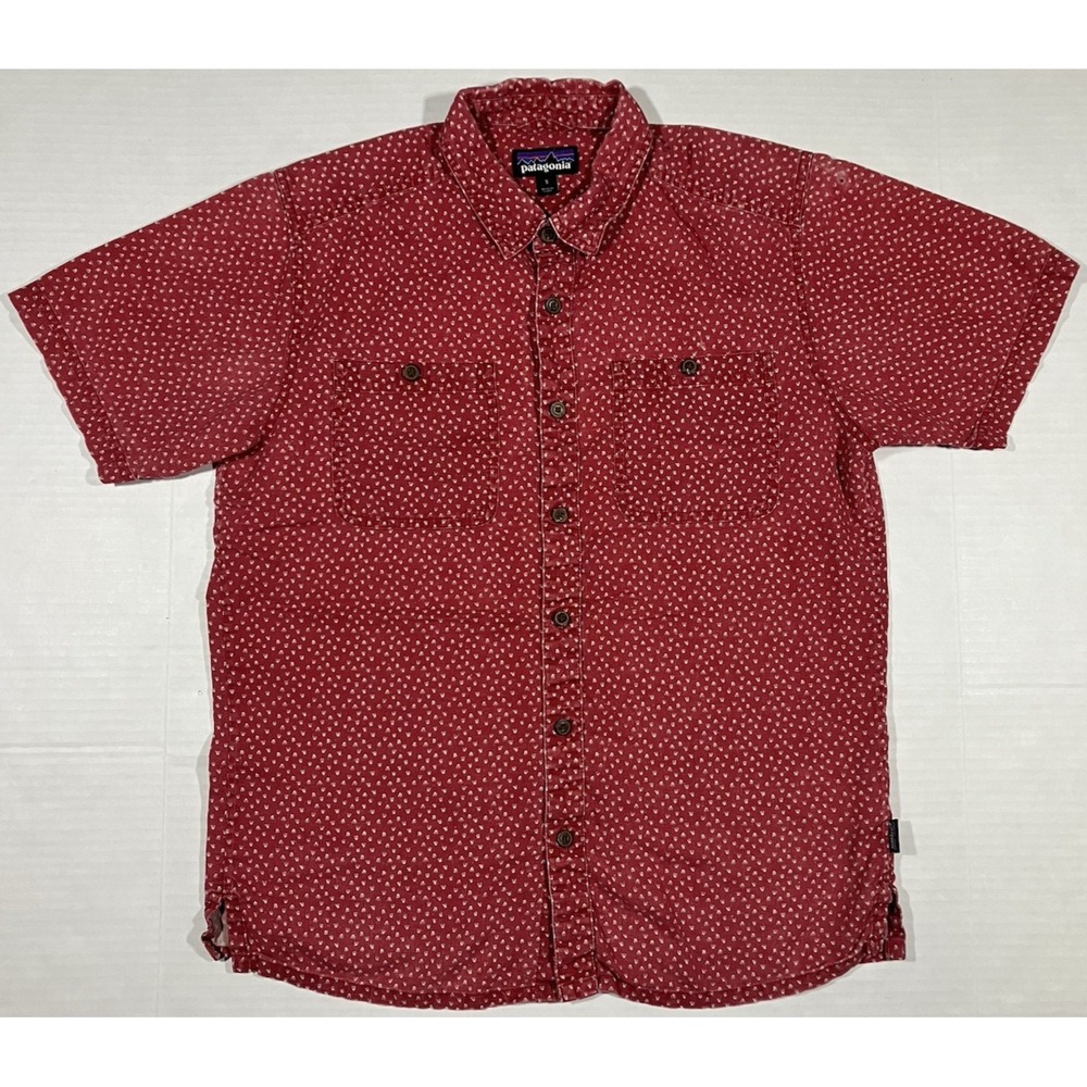 Patagonia Shirt Back Step Hemp Blend Red Printed Short Sleeve Button Mens Size S
